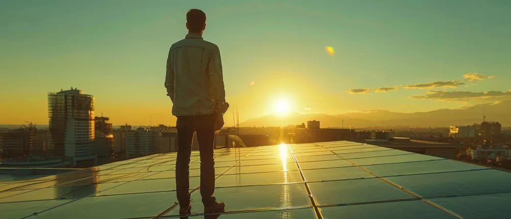 Confident solar EPC business owner standing on a rooftop solar installation