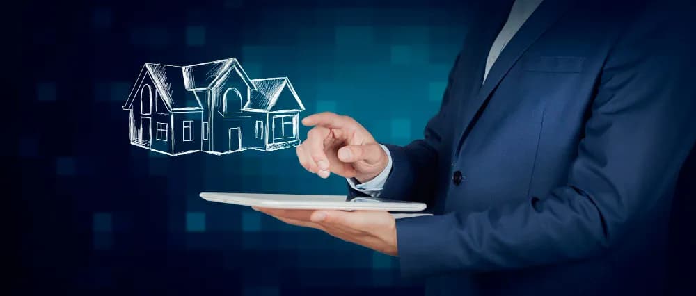 House emerging from a tablet on a person’s palm representing digital property presentation