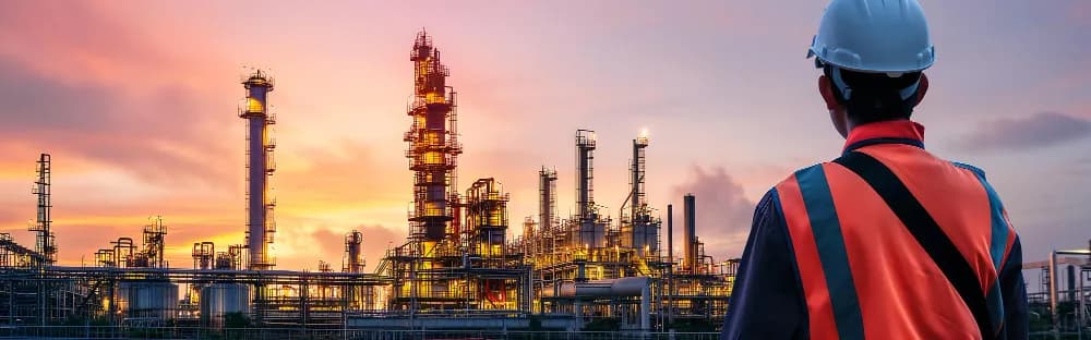 Engineer observing large industrial plant representing engineering oversight and technical execution